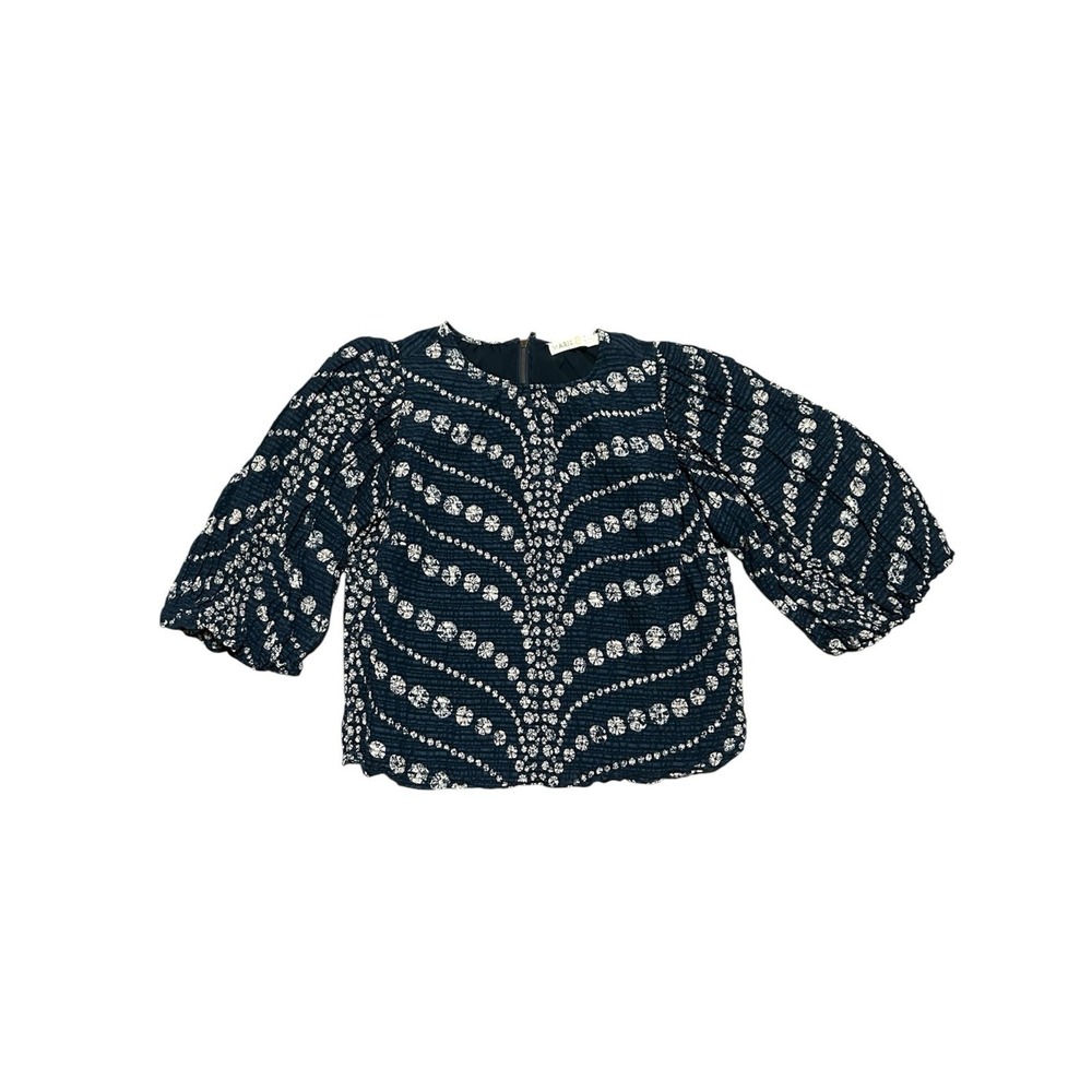 Marie Oliver Harly Top XS Navy Shibori Print Linen Blend Balloon Sleeve Blouse - Picture 2 of 7